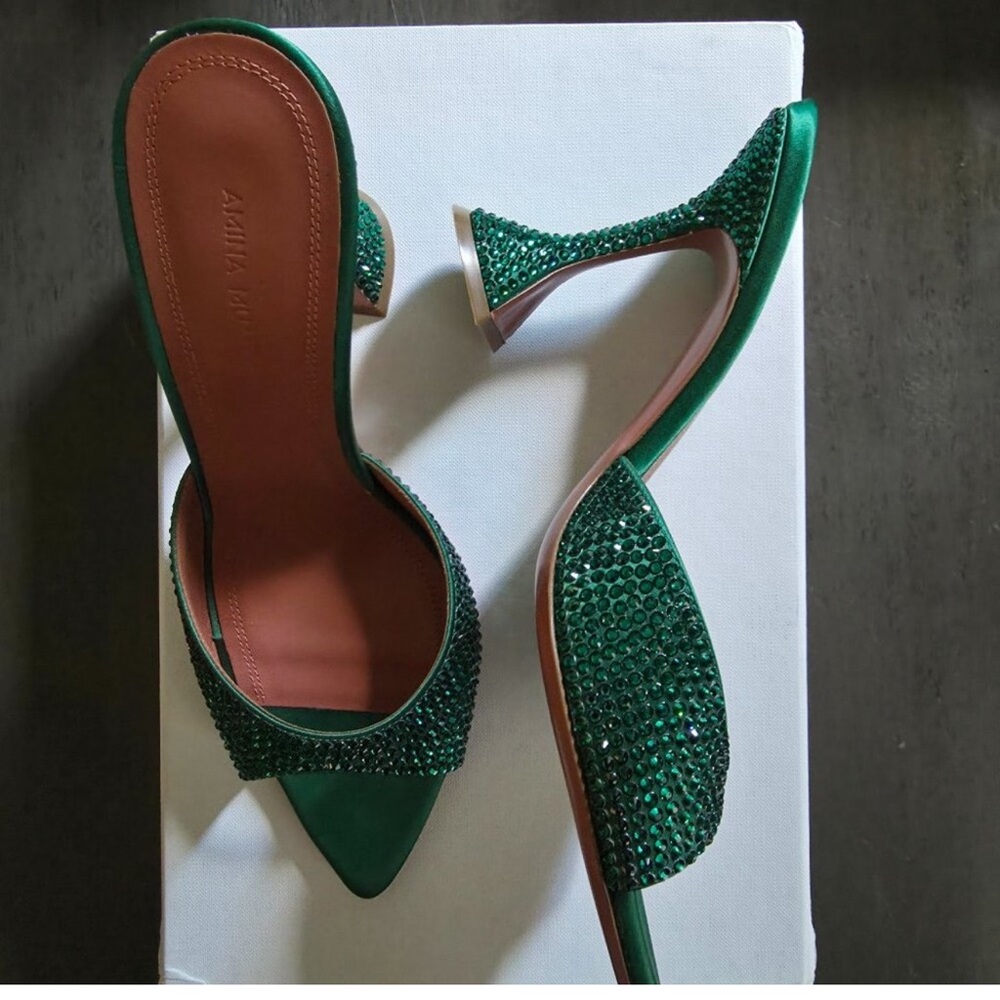 Emerald Green Crystal Pointed-Toe Mule Heels